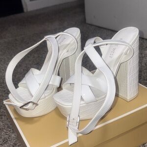 Nine West White Croc-Embossed Platform Sandals